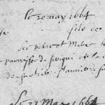Acte de Baptême à trous, 1664, Appenai-sous-Bellême (Orne) | AD 61 - cote E dépôt 482/7 - BMS 1662-1680 - vue 8