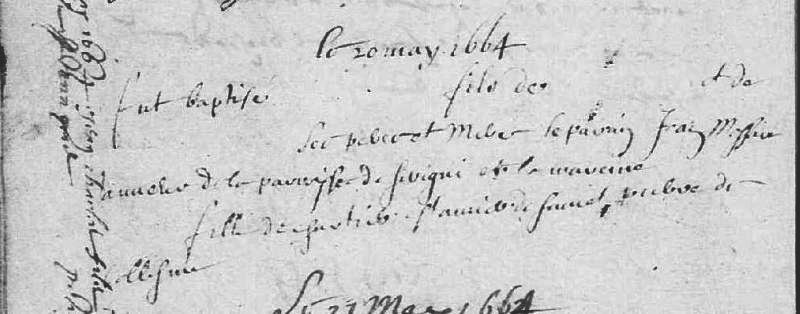 Acte de Baptême à trous, 1664, Appenai-sous-Bellême (Orne) | AD 61 - cote E dépôt 482/7 - BMS 1662-1680 - vue 8
