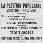 L'Humanité, une du 29 juin 1913, extrait - La pétition populaire contre les 3 ans
